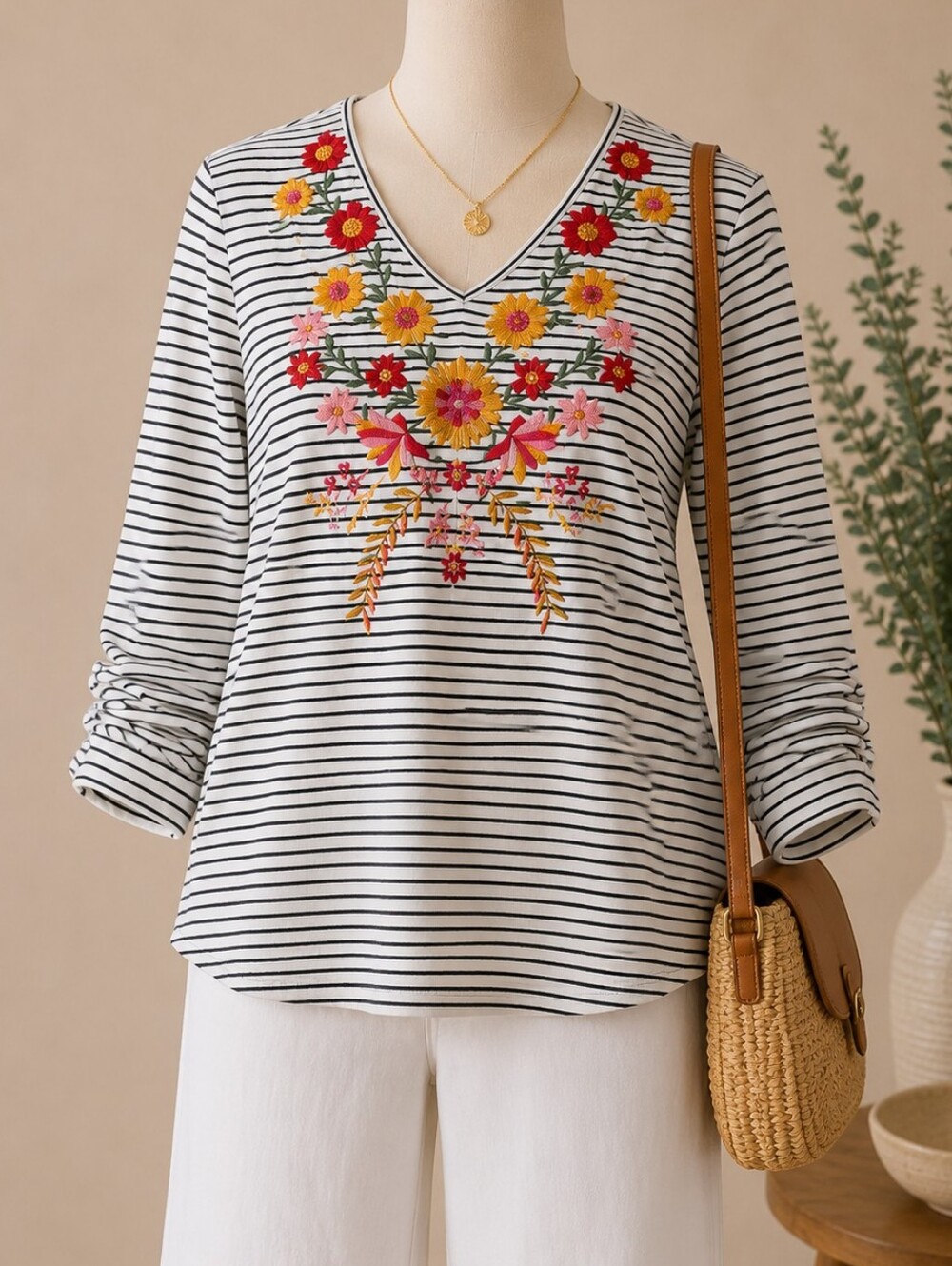 Savanna Jane‎ Striped Floral Embroidered Long Sleeve Top